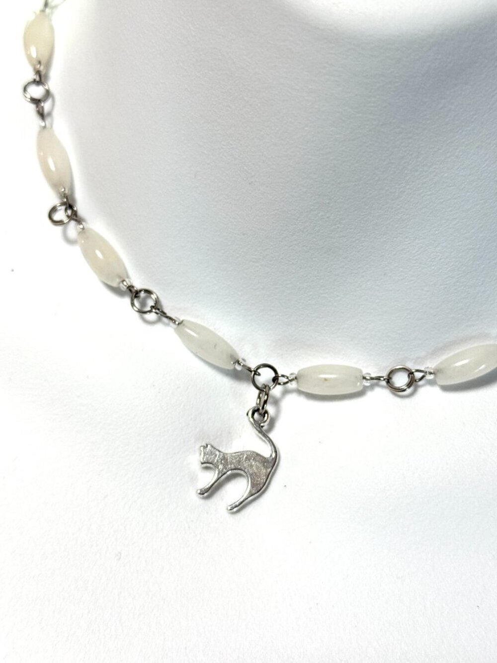 Genuine Milky Quartz Short Necklace, Natural Gemstone w/ Cute Slim Cat Pendant